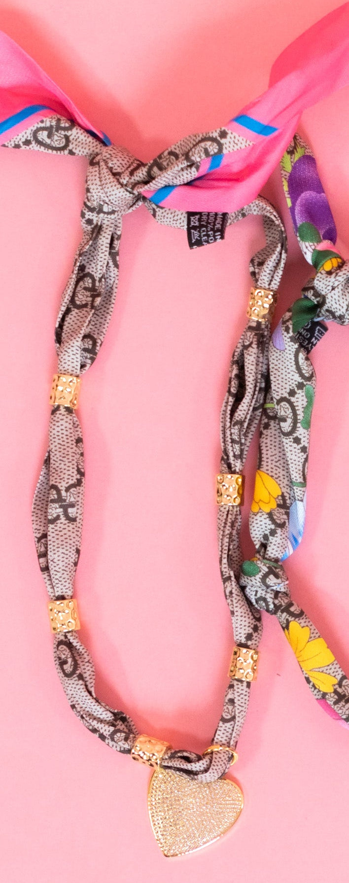 Gemelli | Gia Light Pink Scarf Necklace With Leah Heart Charm