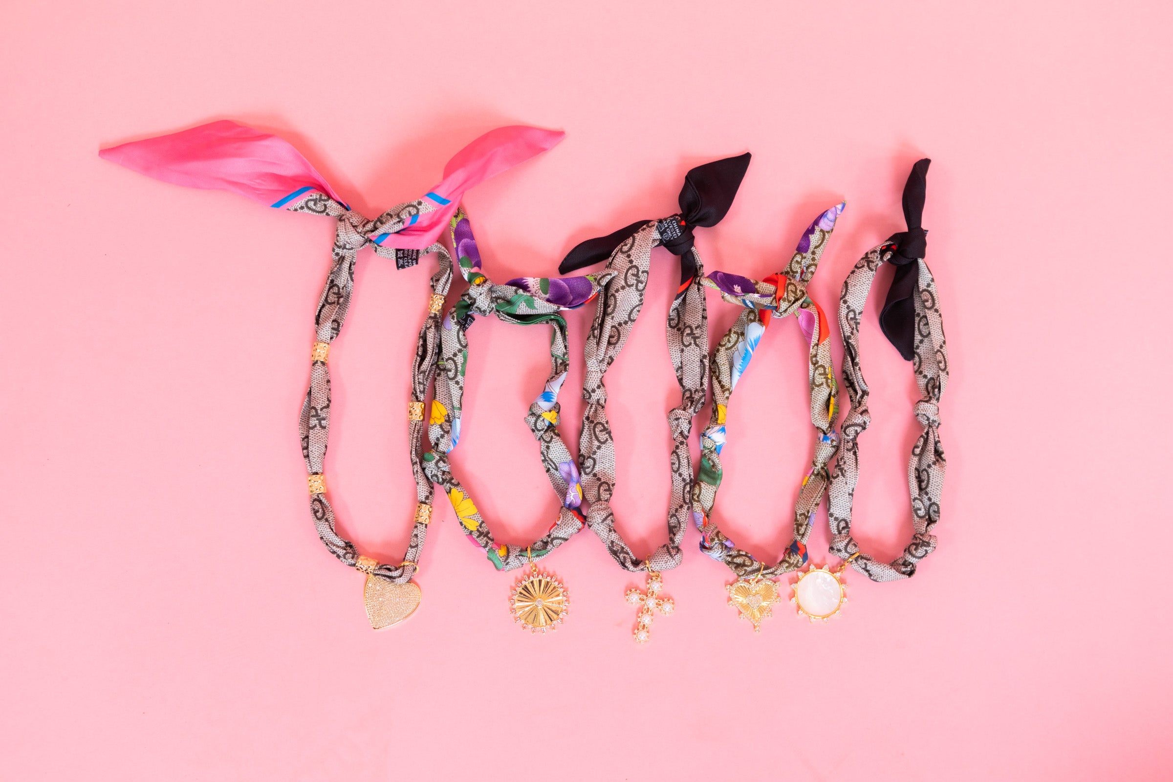 Gemelli | Gia Light Pink Scarf Necklace With Leah Heart Charm