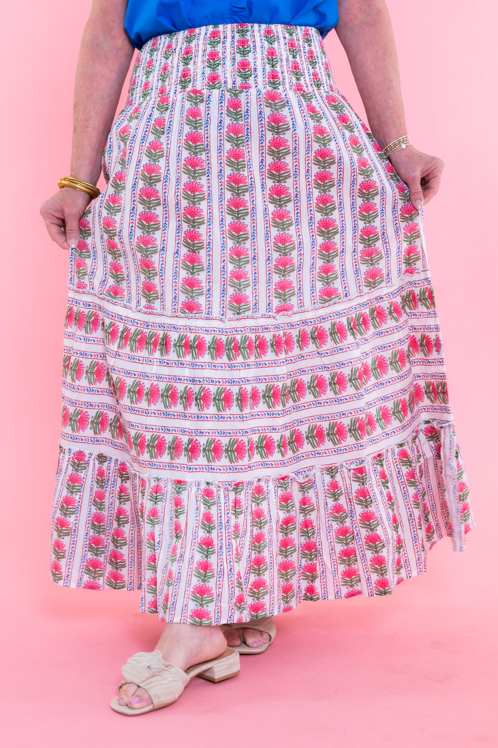 Smocked Waist Floral Pattern Long Skirt