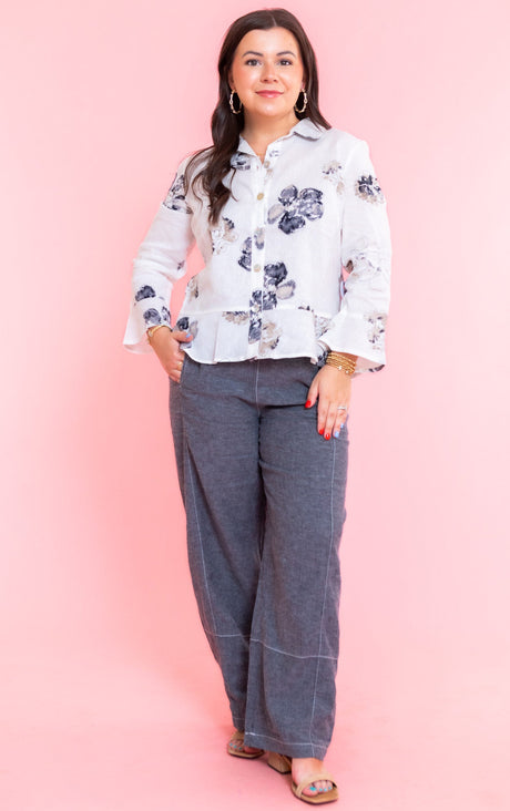 Linen Floral Flounce Shirt