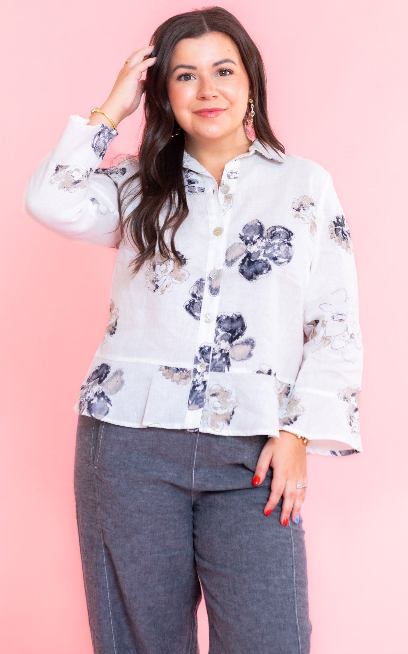 Linen Floral Flounce Shirt