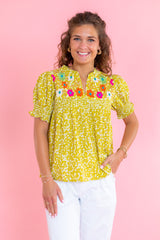 Flower Print Embroidered Collar Top