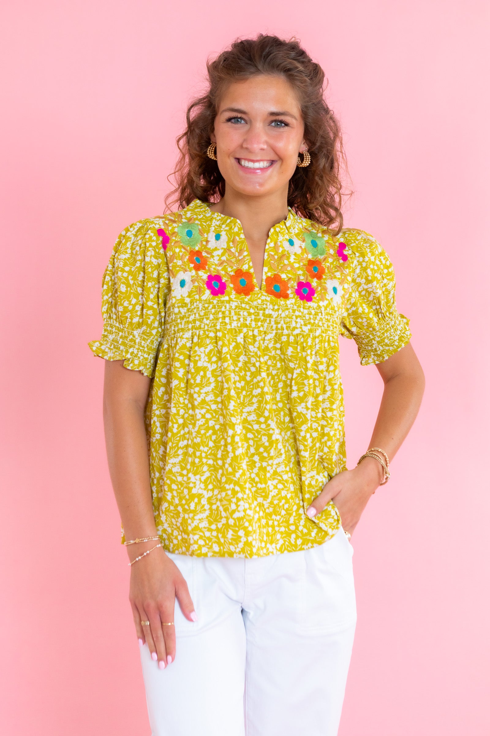 Flower Print Embroidered Collar Top