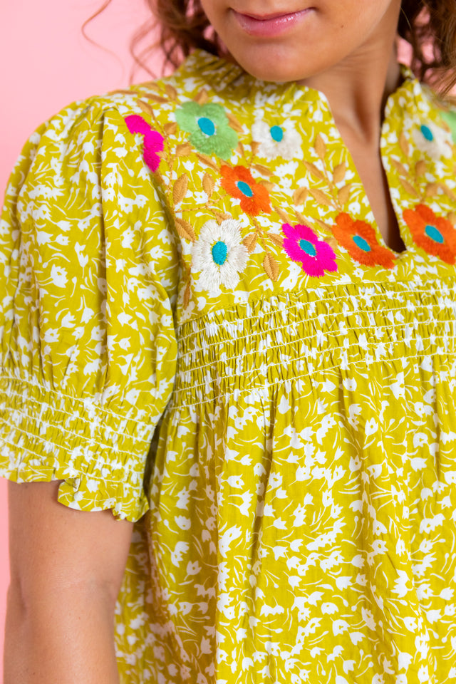 Flower Print Embroidered Collar Top