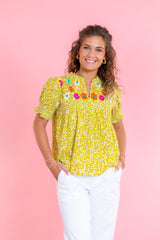 Flower Print Embroidered Collar Top