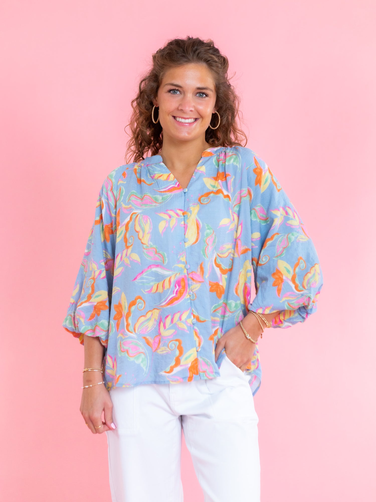 Pastel Floral Flowy Button-Down Blouse