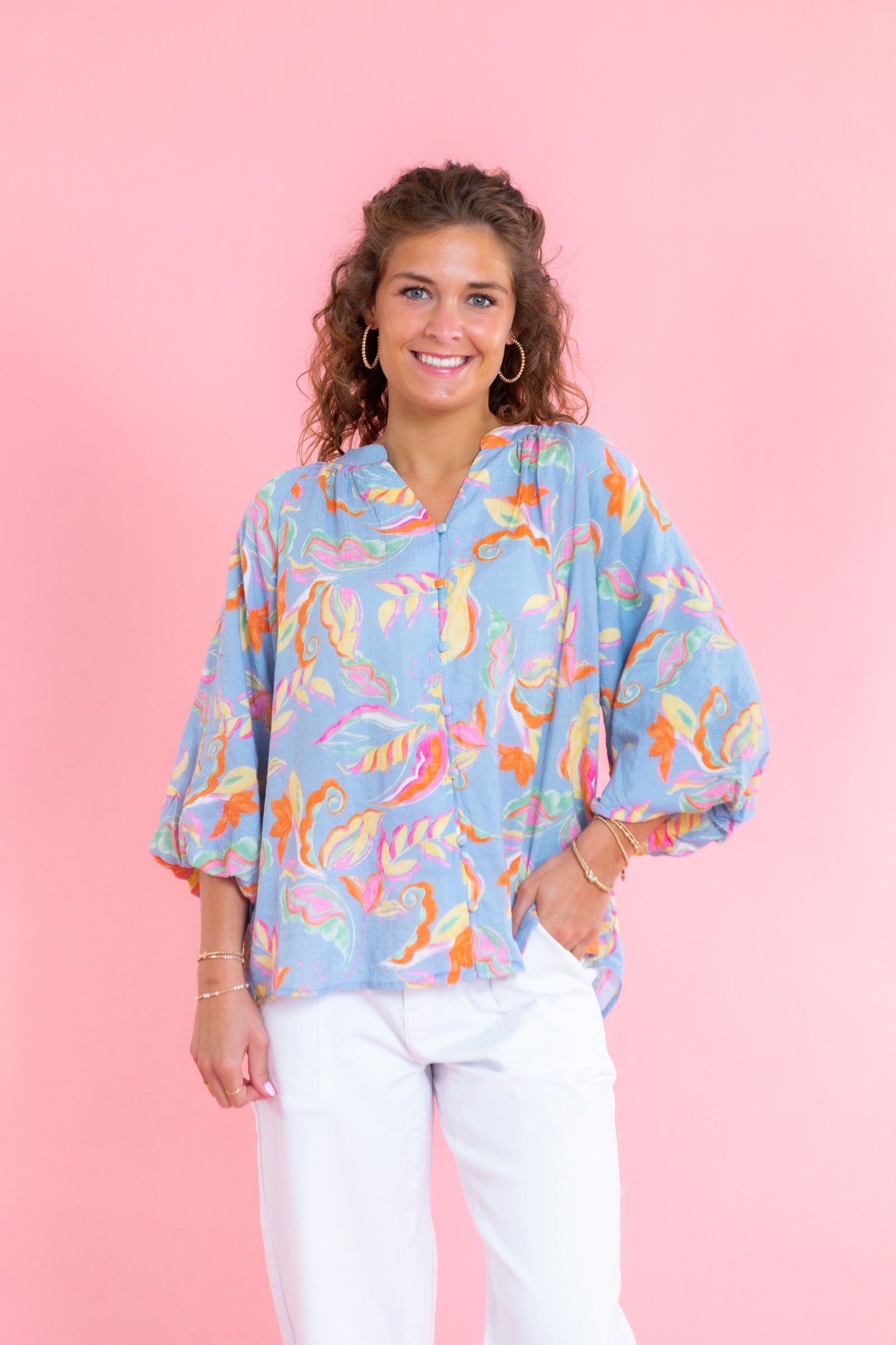 Pastel Floral Flowy Button-Down Blouse
