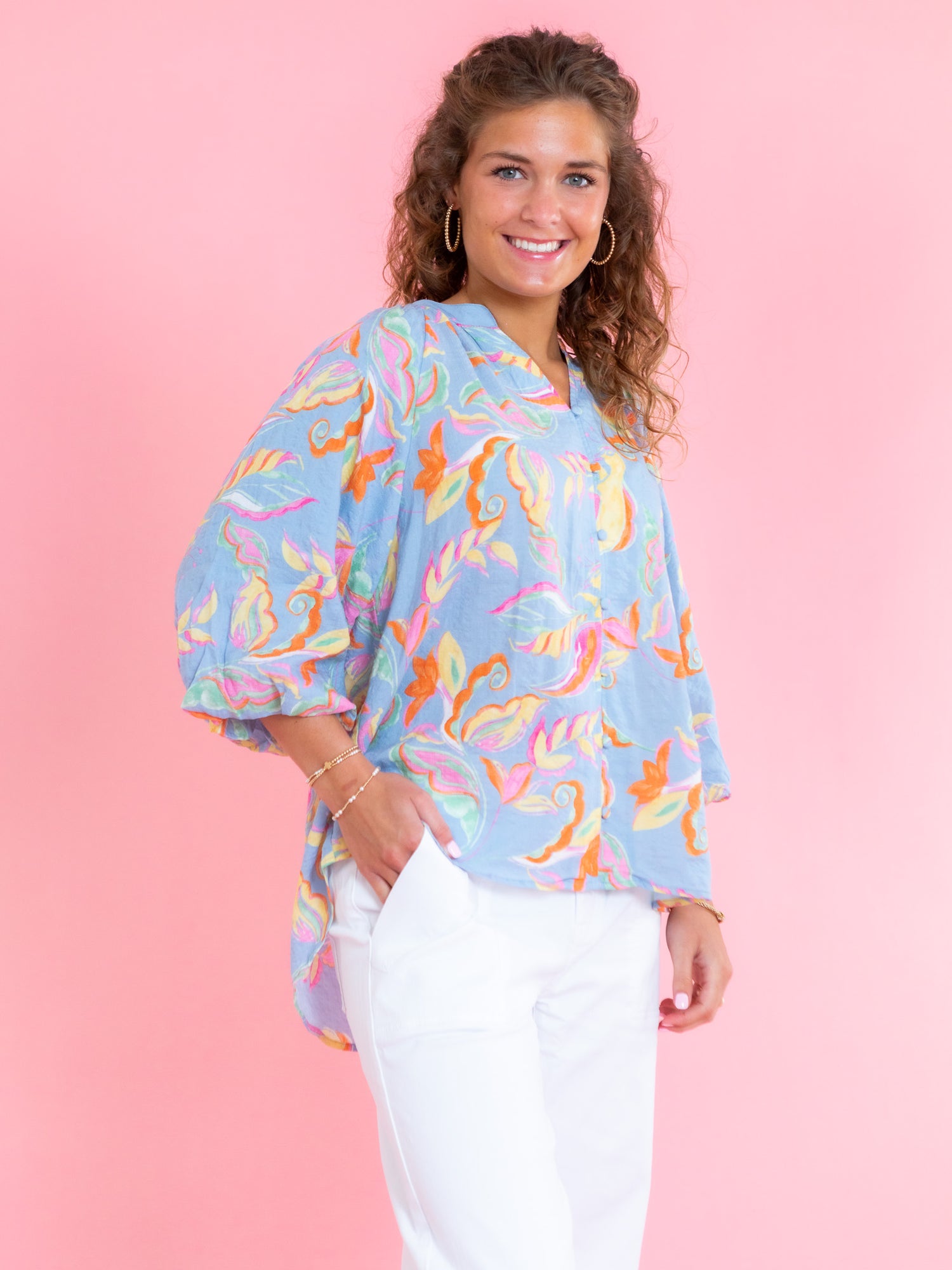 Pastel Floral Flowy Button-Down Blouse