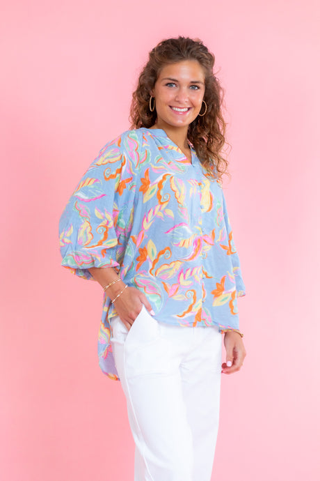 Pastel Floral Flowy Button-Down Blouse