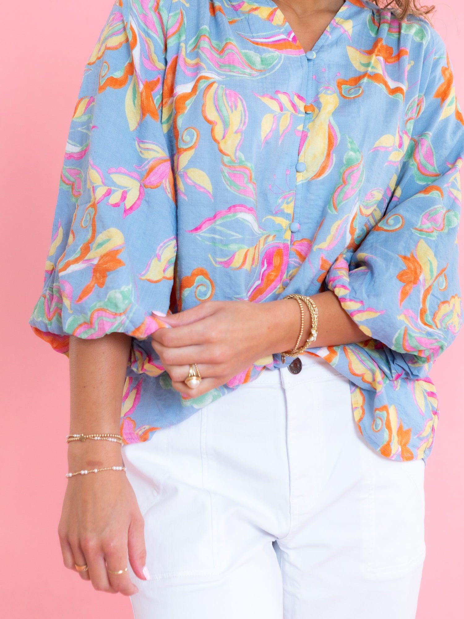 Pastel Floral Flowy Button-Down Blouse