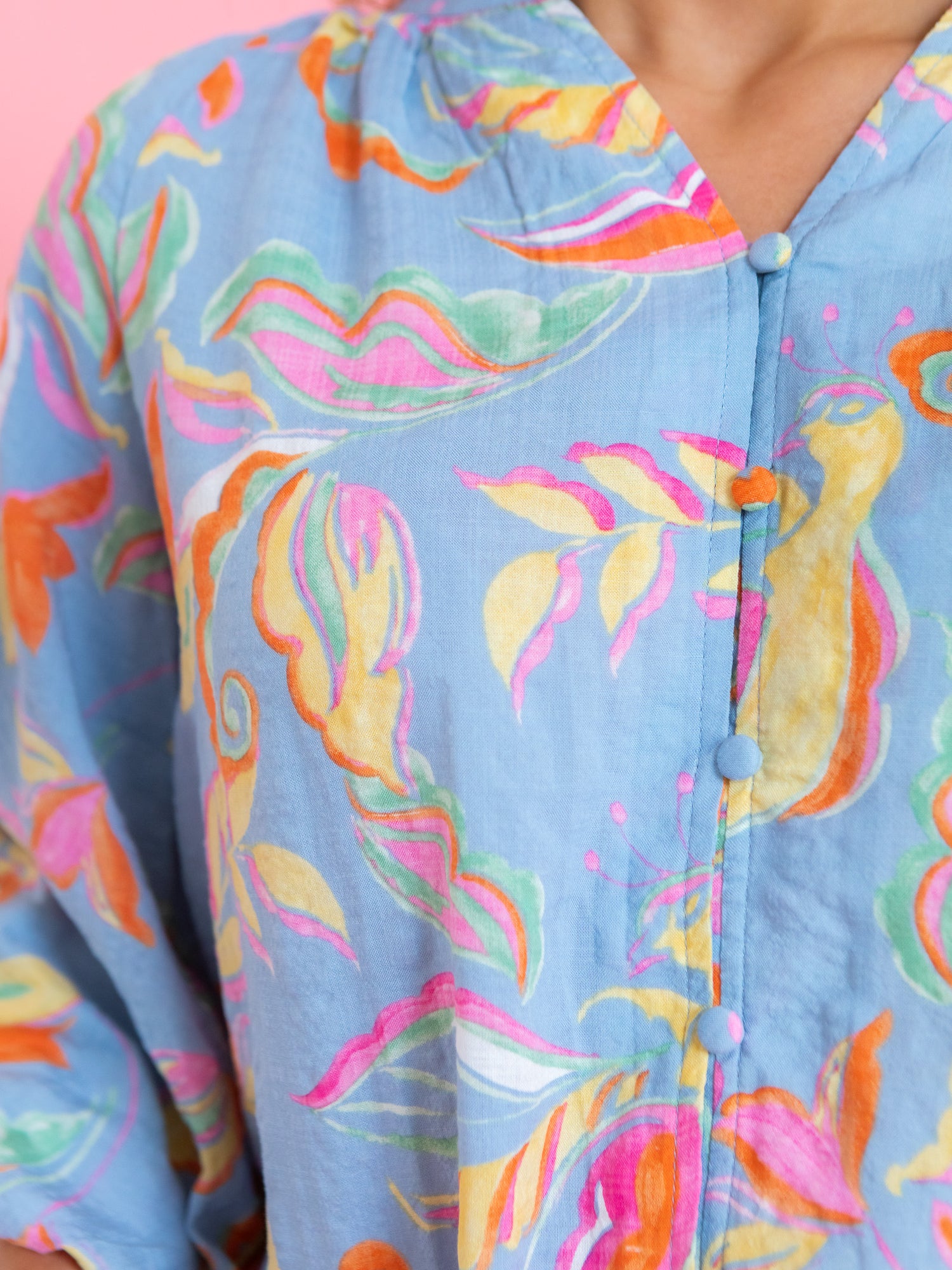 Pastel Floral Flowy Button-Down Blouse