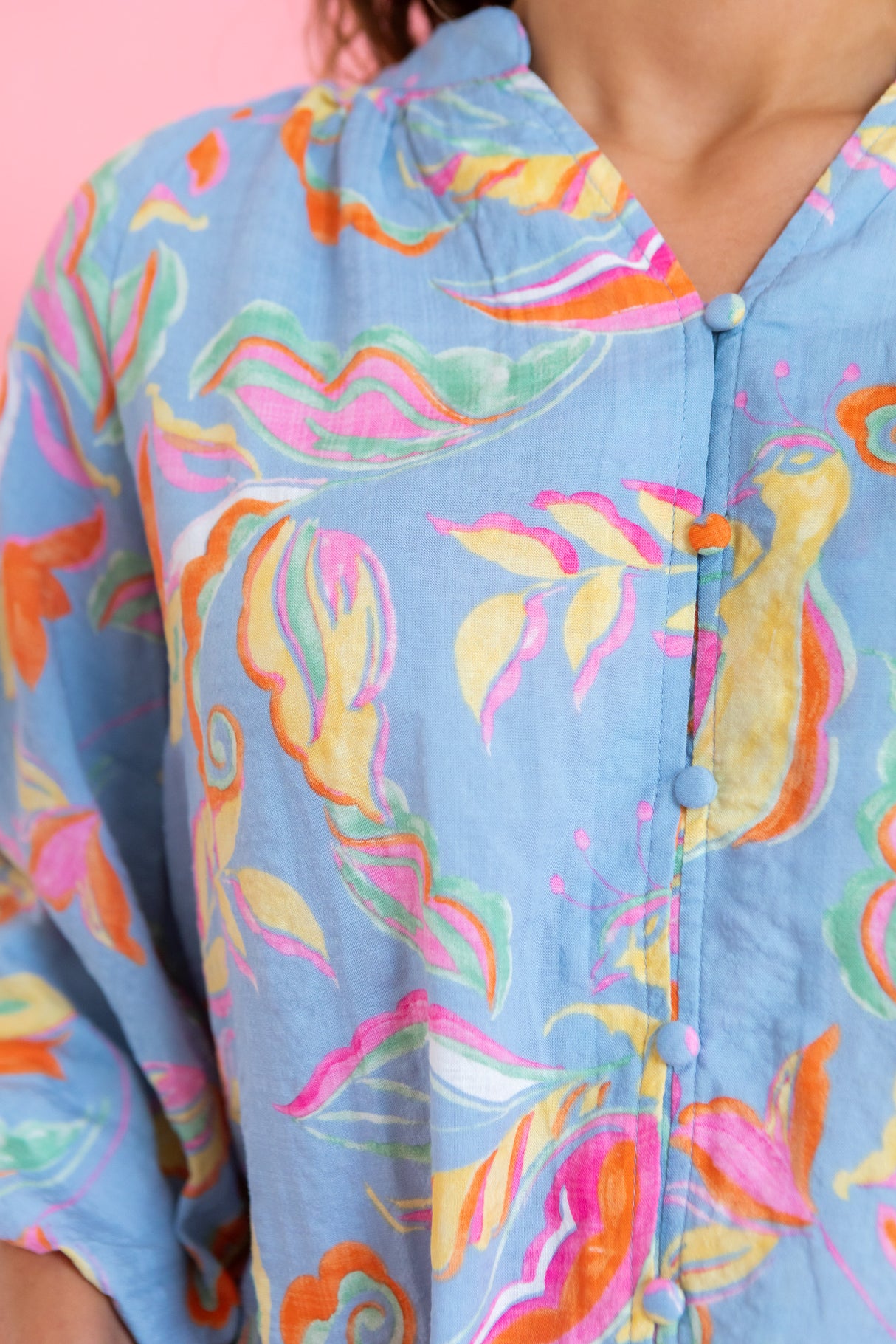 Pastel Floral Flowy Button-Down Blouse
