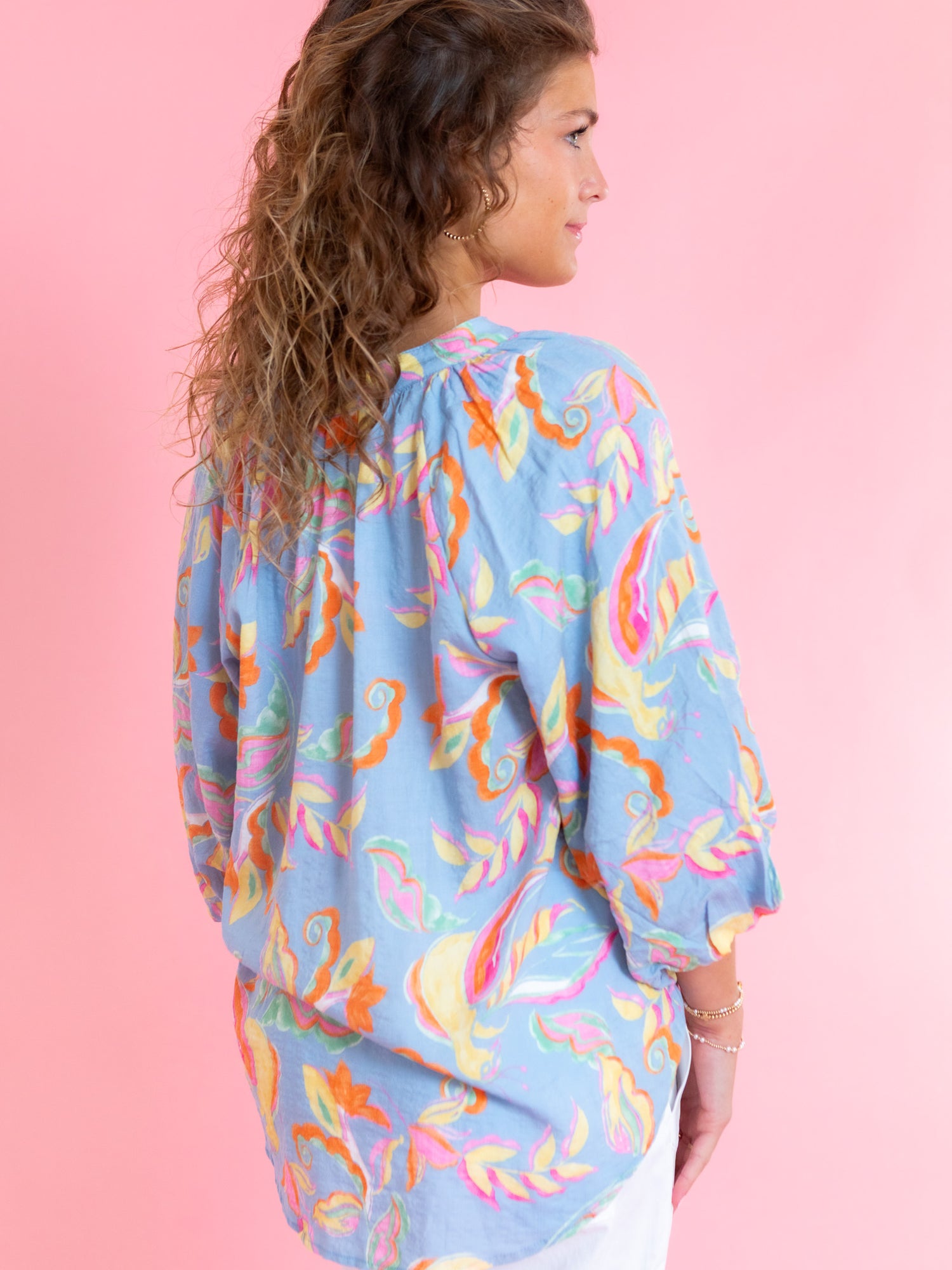 Pastel Floral Flowy Button-Down Blouse