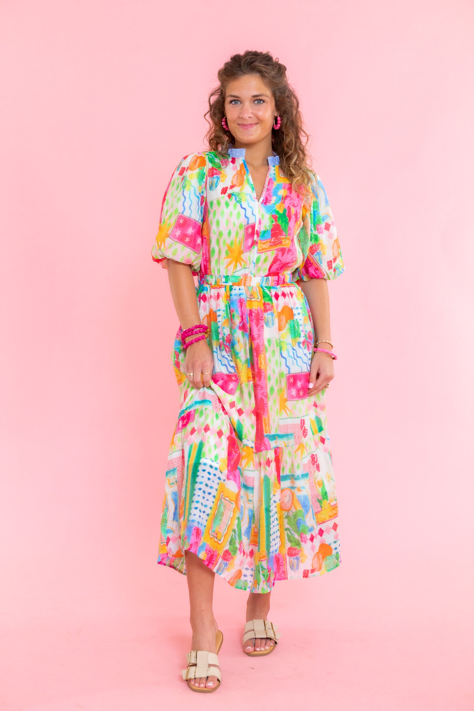 Printed Ruffle Collar Puff Sleeve Dress