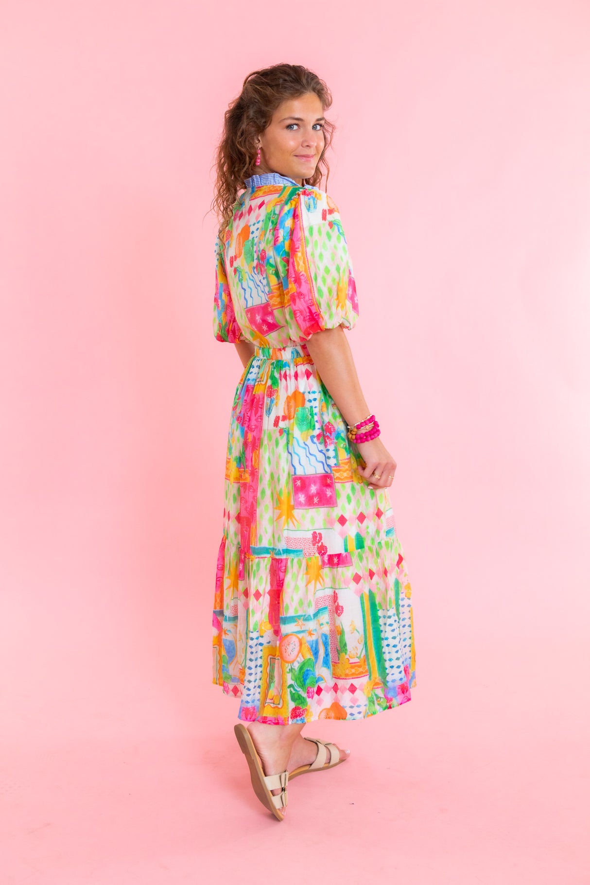 Printed Ruffle Collar Puff Sleeve Dress