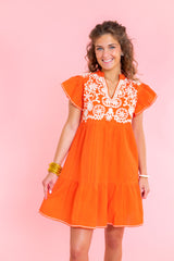 Embroidered Flutter Sleeve Dress
