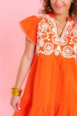 Embroidered Flutter Sleeve Dress