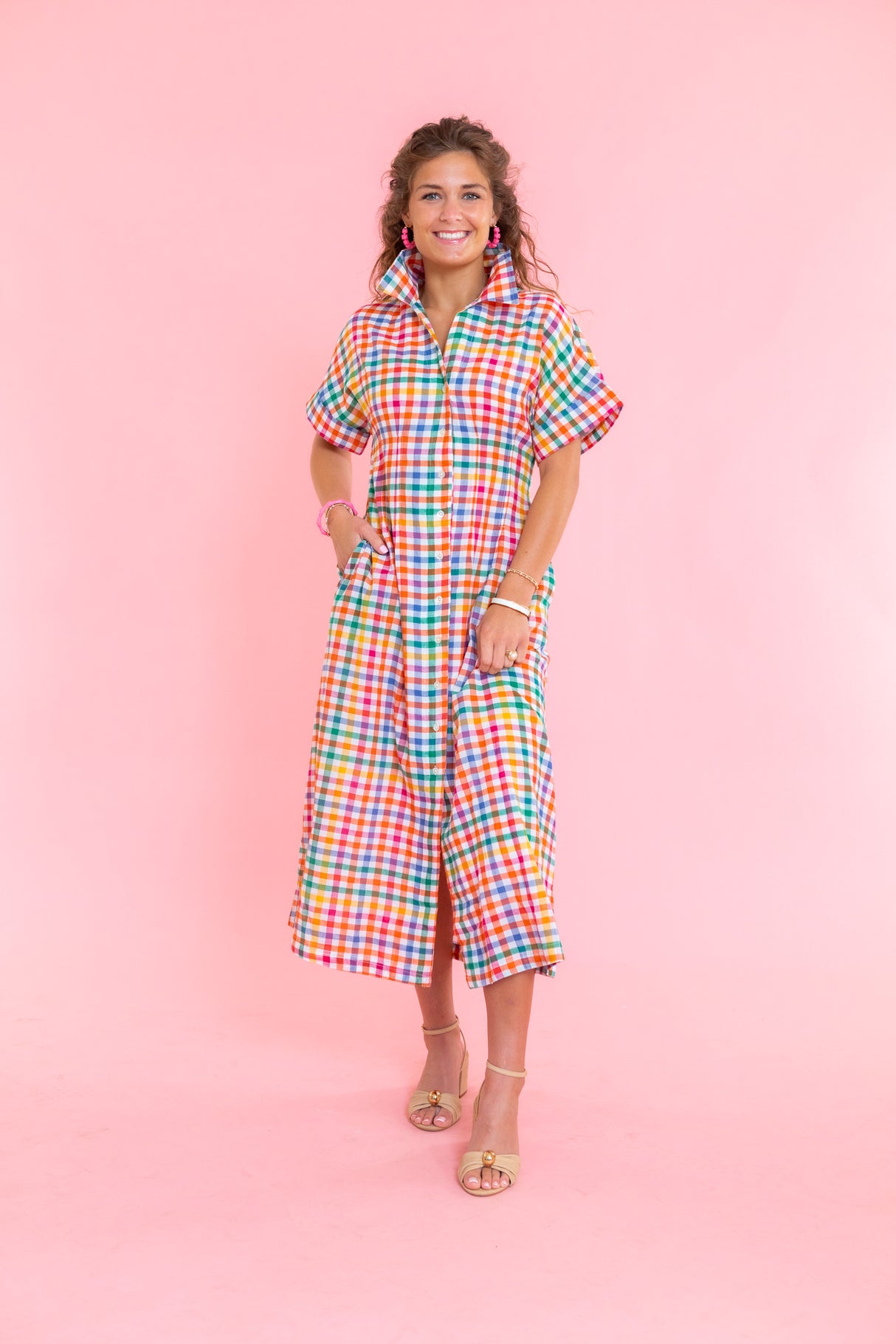 Short Sleeve Plaid Button Down Dress
