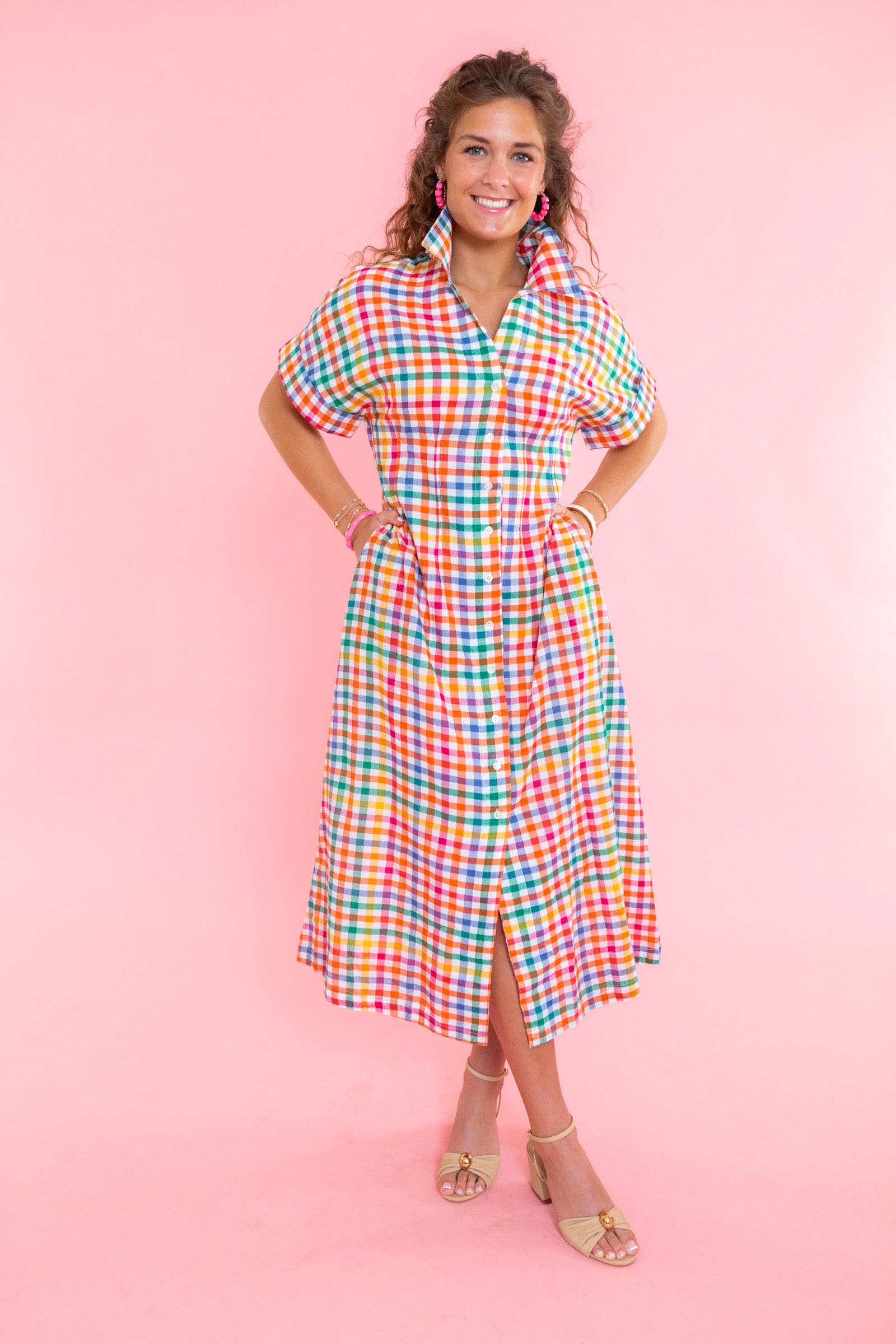 Short Sleeve Plaid Button Down Dress
