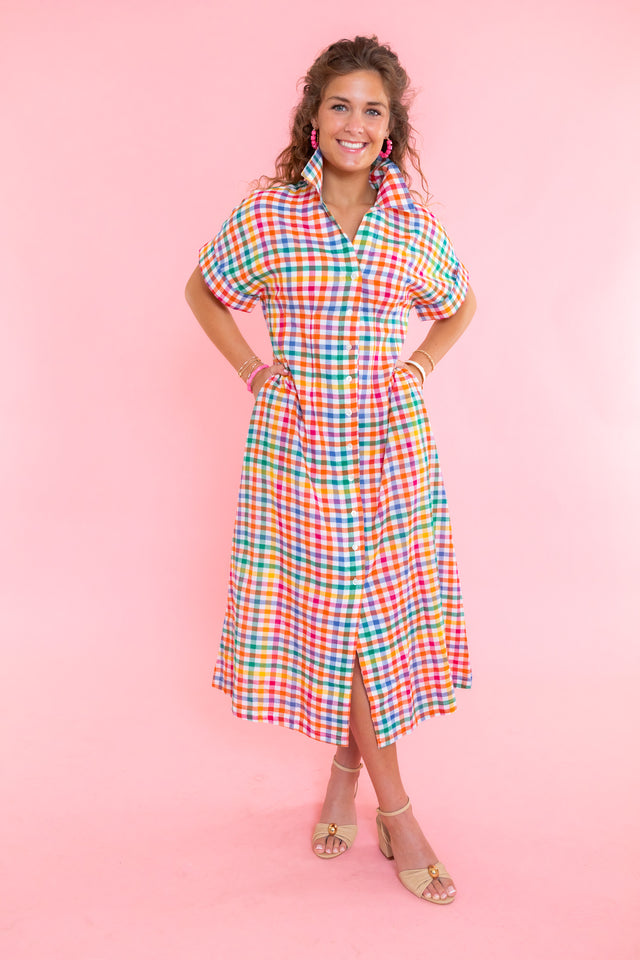 Short Sleeve Plaid Button Down Dress