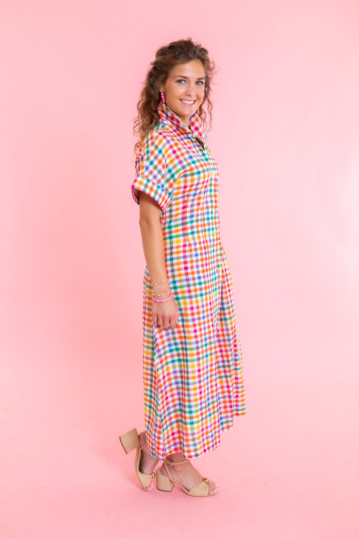 Short Sleeve Plaid Button Down Dress