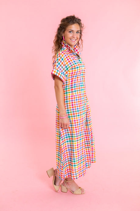 Short Sleeve Plaid Button Down Dress