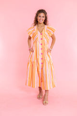 Peach Stripe Flutter Sleeve Midi Dress