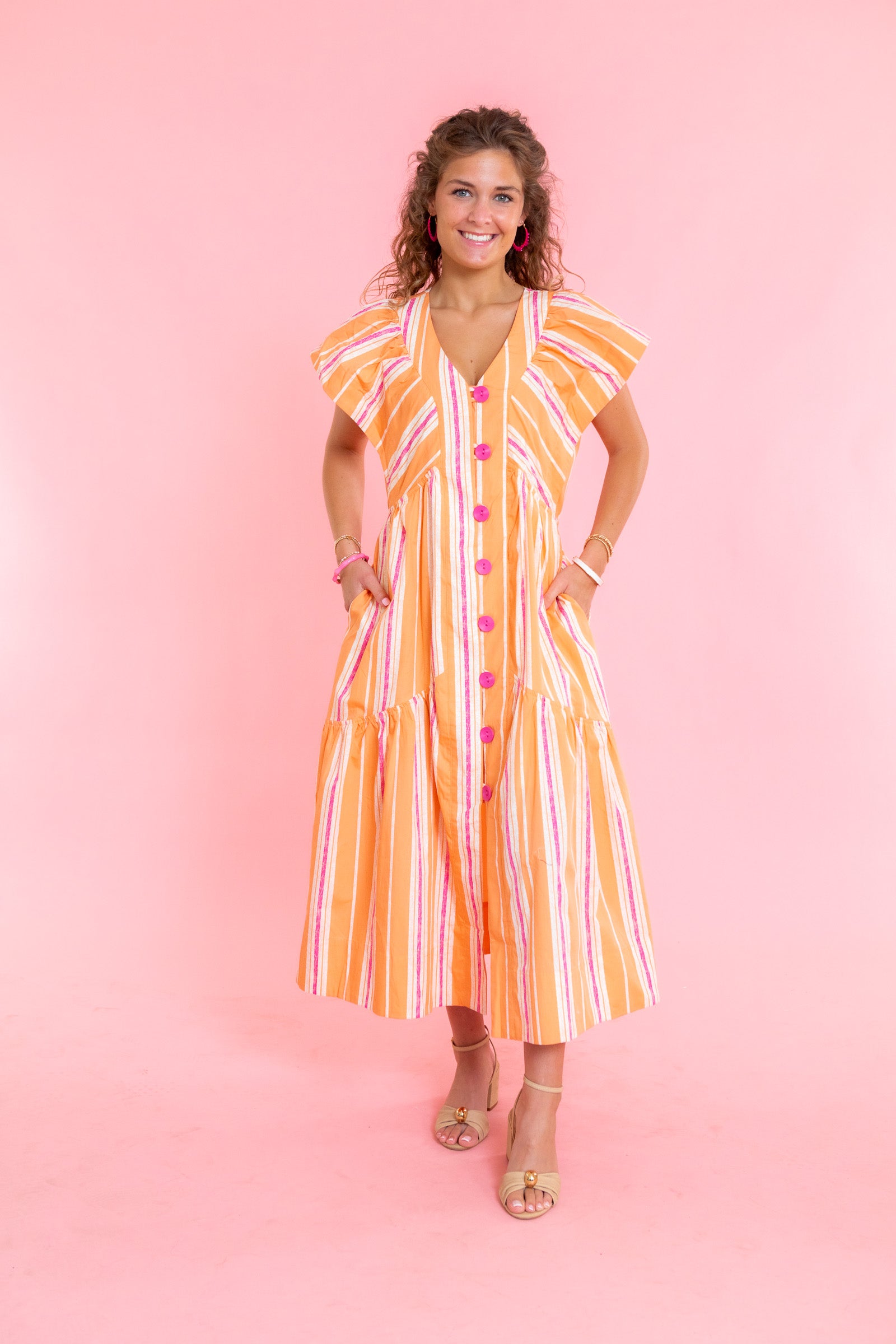 Peach Stripe Flutter Sleeve Midi Dress