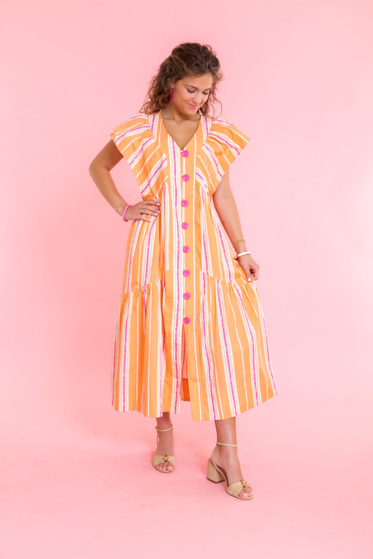 Peach Stripe Flutter Sleeve Midi Dress