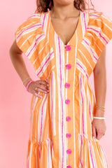 Peach Stripe Flutter Sleeve Midi Dress