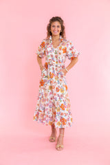 Vintage Floral Puff Sleeve Midi Dress