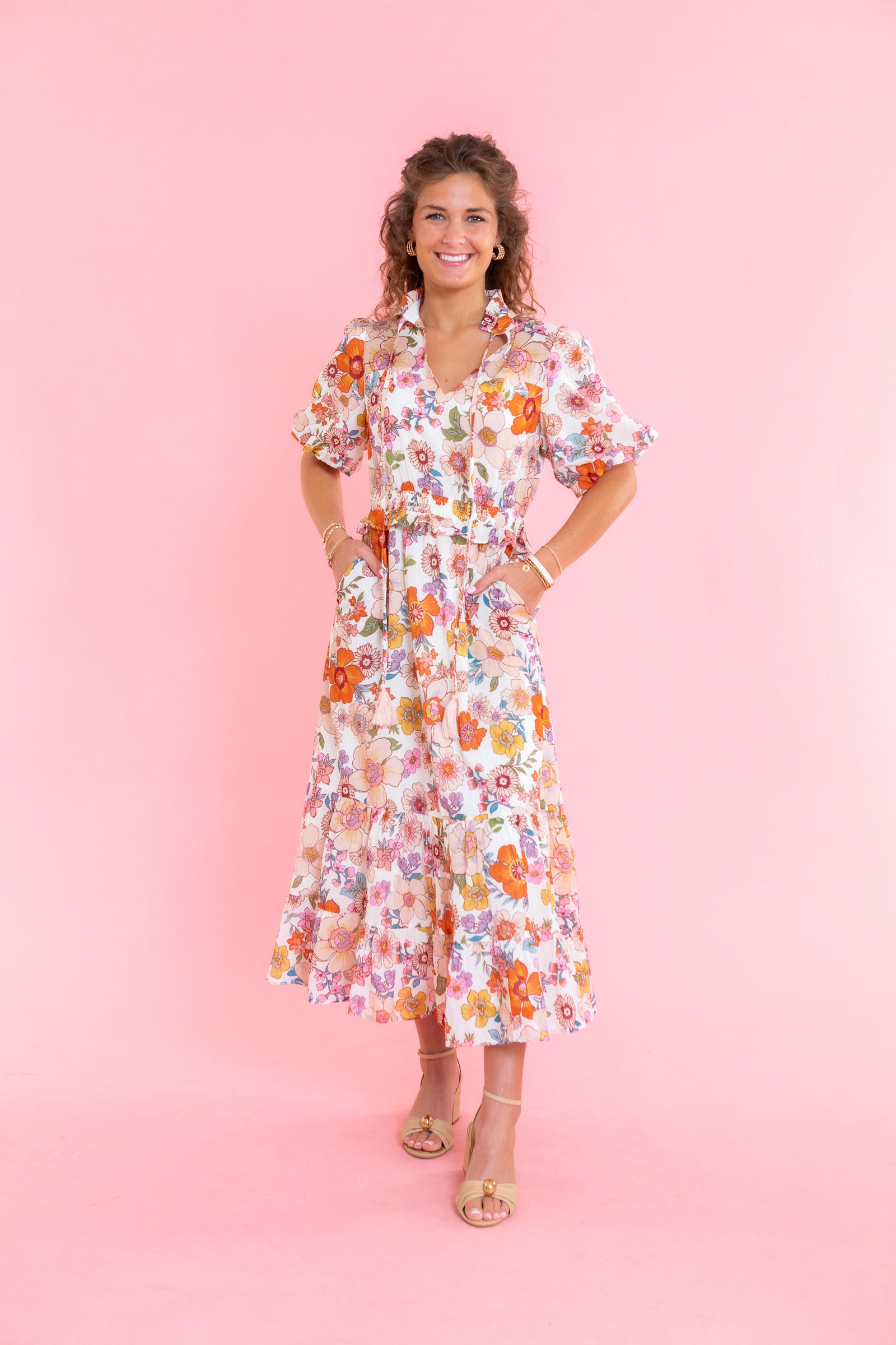 Vintage Floral Puff Sleeve Midi Dress