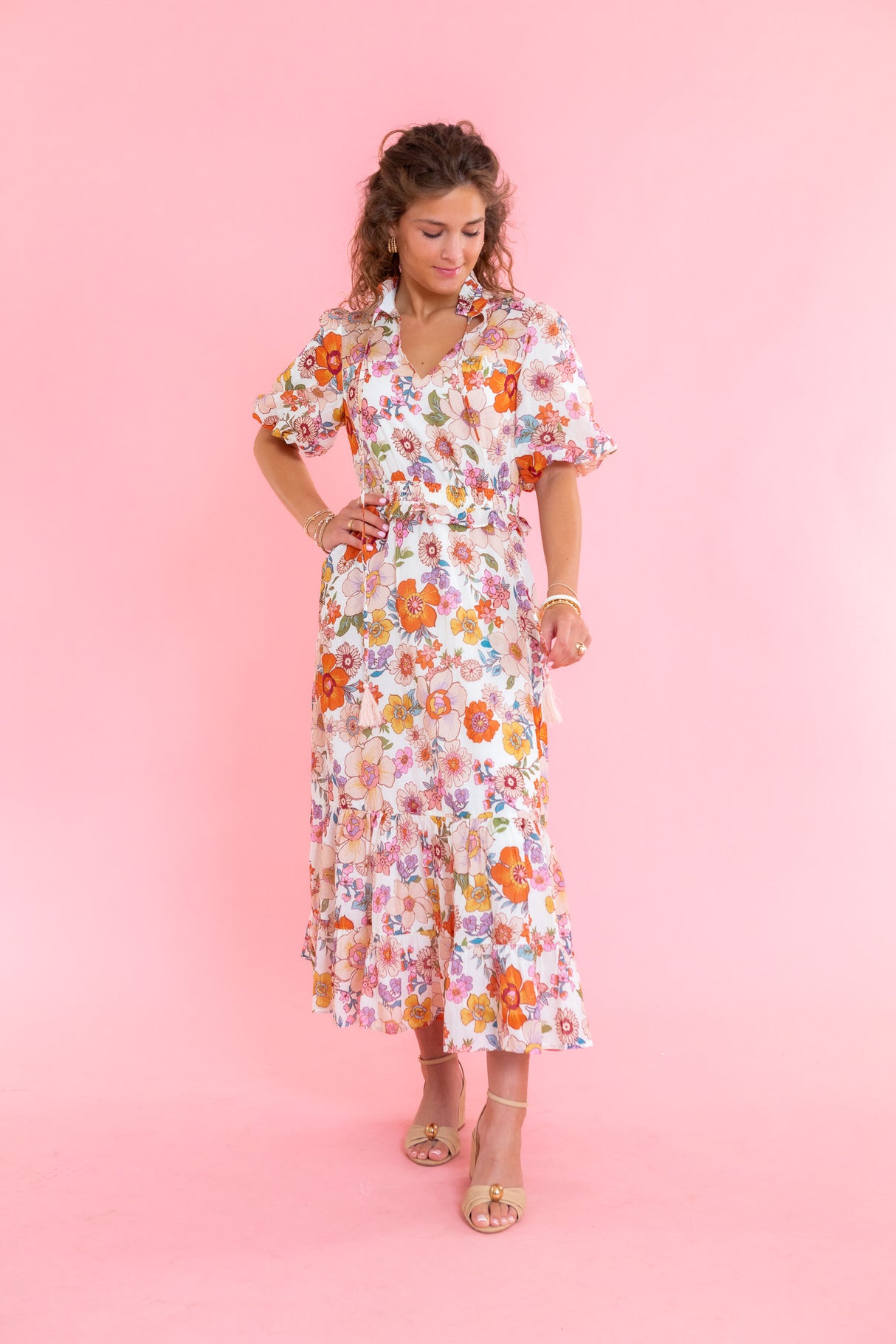 Vintage Floral Puff Sleeve Midi Dress
