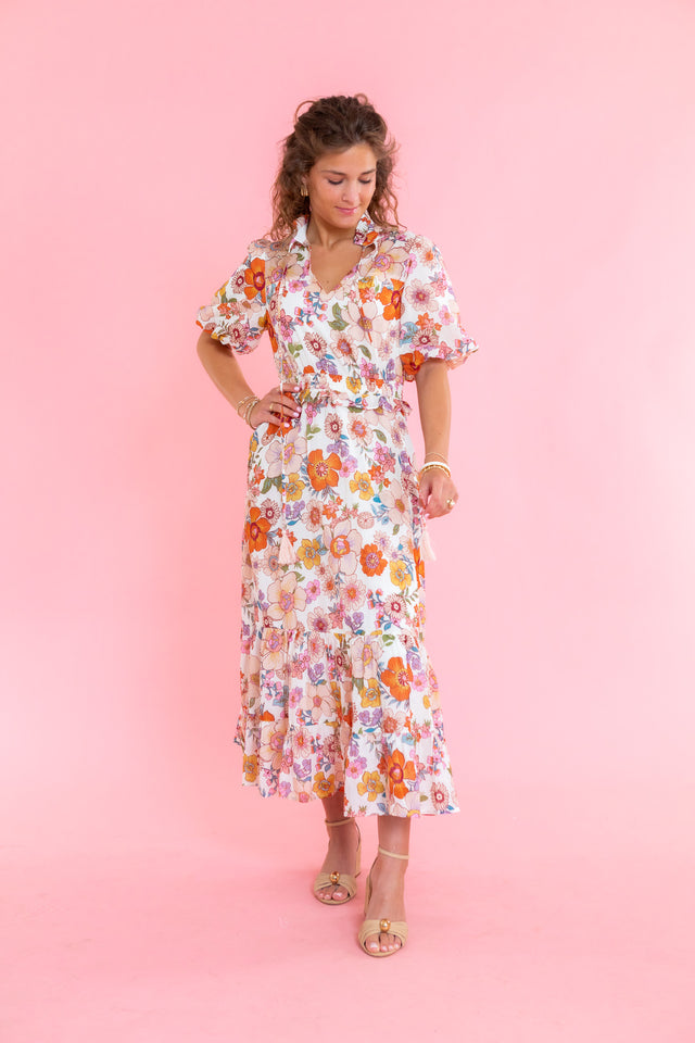 Vintage Floral Puff Sleeve Midi Dress