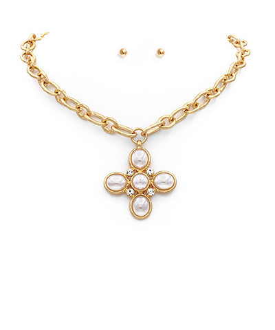 Pearl Cross & Chunky Chain Necklace Set