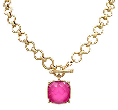 Madison's Exclusive | 25mm Cushion Cut Pendant Necklace Fuchsia/Gold