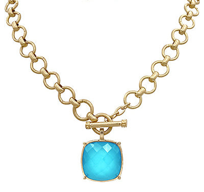 Madison's Exclusive | 25mm Cushion Cut Pendant Necklace Aqua/Gold