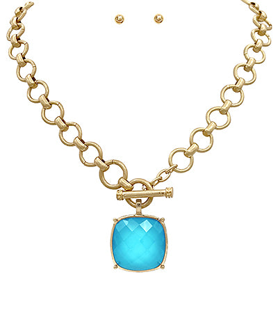 Madison's Exclusive | 25mm Cushion Cut Pendant Necklace Set Aqua/Gold