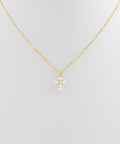 Pearl and CZ Cross Pendant Necklace