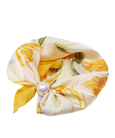Madison's Exclusive | Pearl Magnet Floral Print Scarf Necklace Yellow