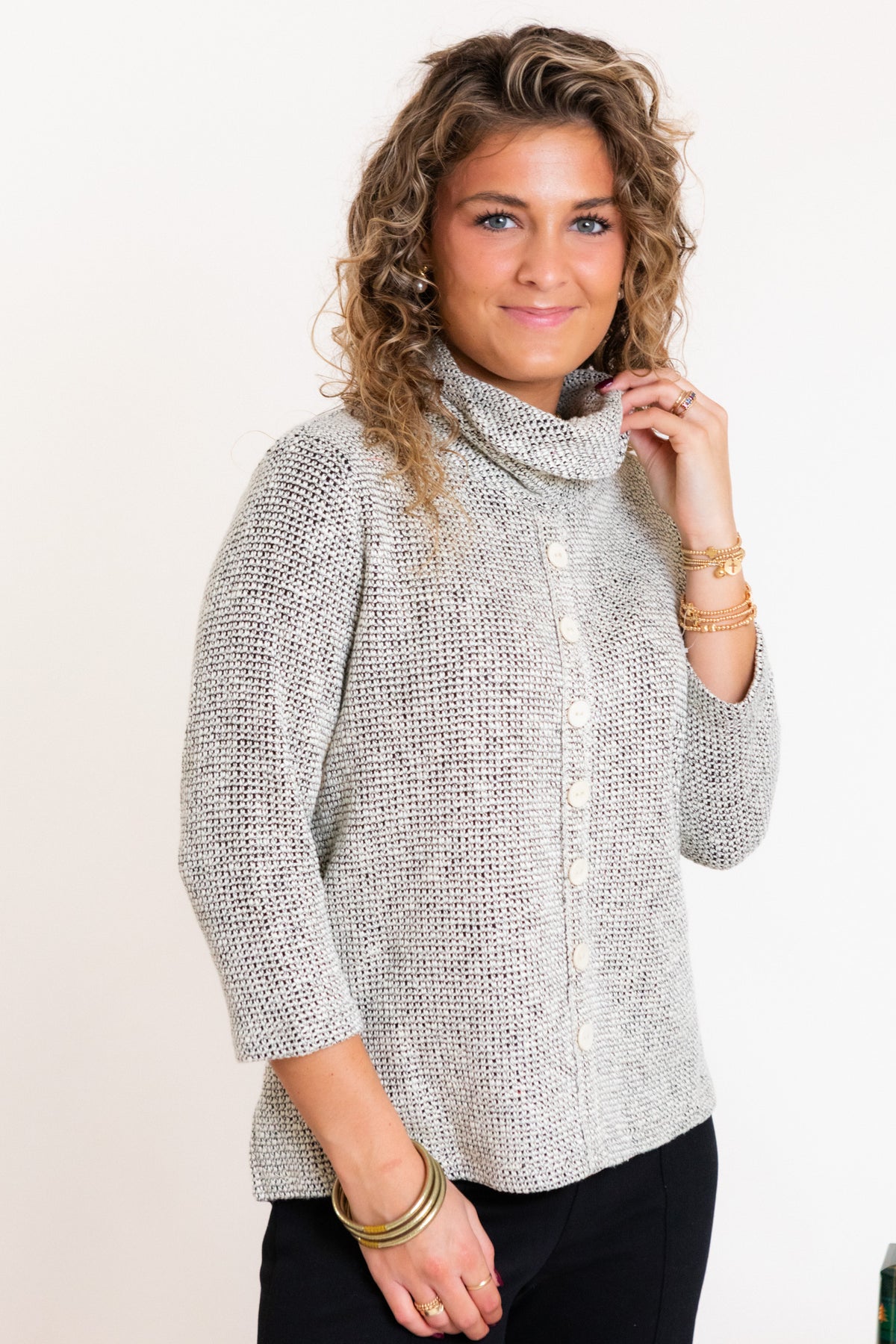 Multiples | Knit 3/4 Sleeve Cowl Button Front Top