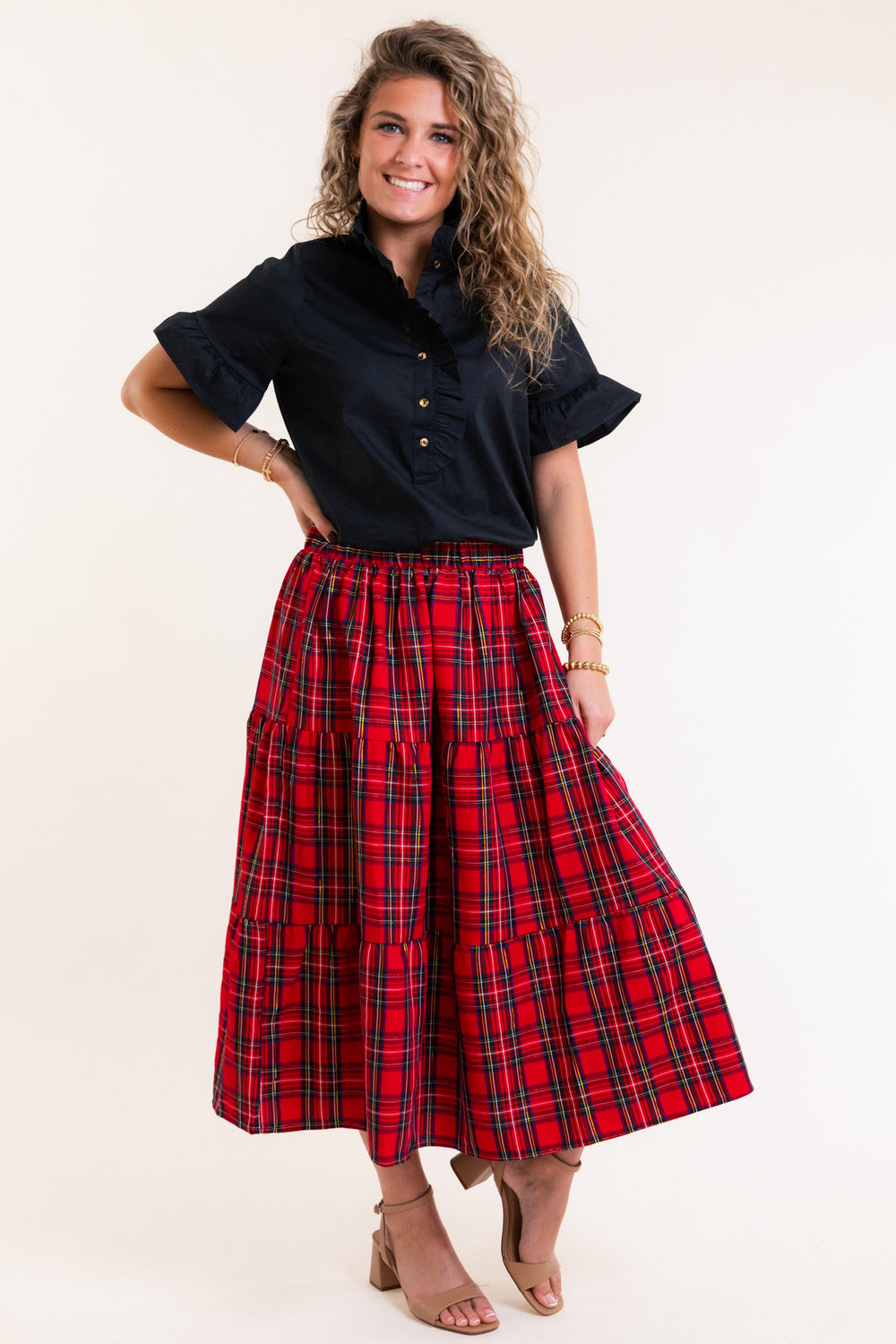 Mary Square | Eloise Plaid Tiered Skirt in Red Plaid