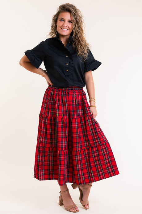Mary Square | Eloise Plaid Tiered Skirt in Red Plaid