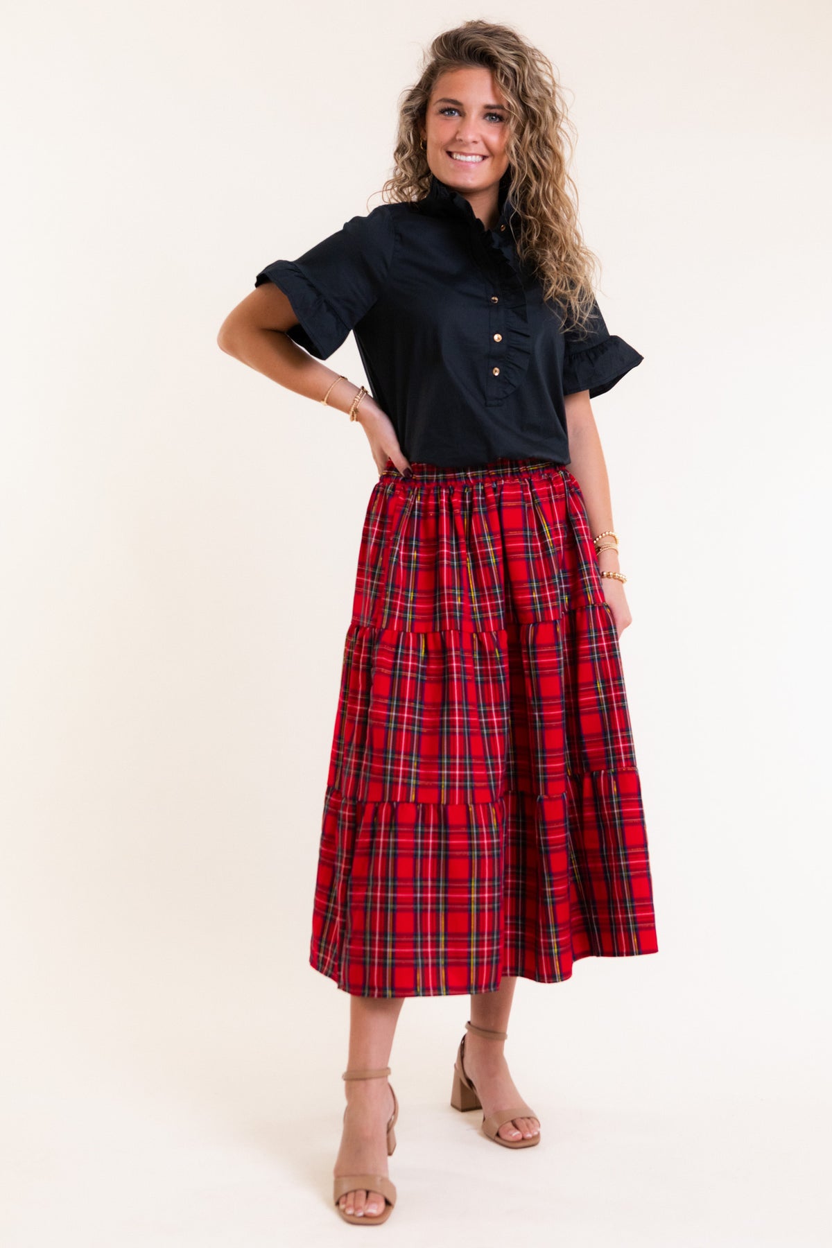 Mary Square | Eloise Plaid Tiered Skirt in Red Plaid