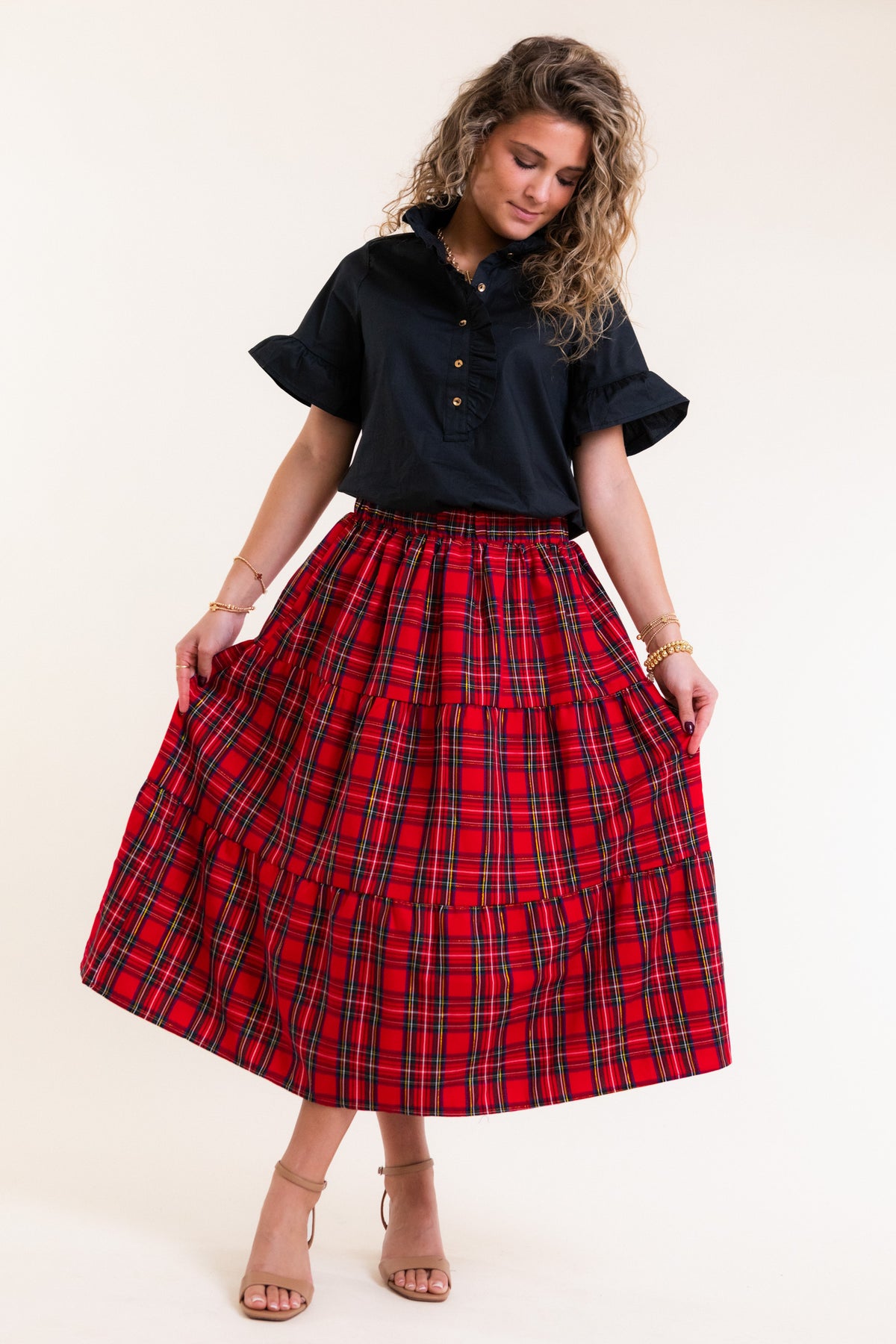 Mary Square | Eloise Plaid Tiered Skirt in Red Plaid