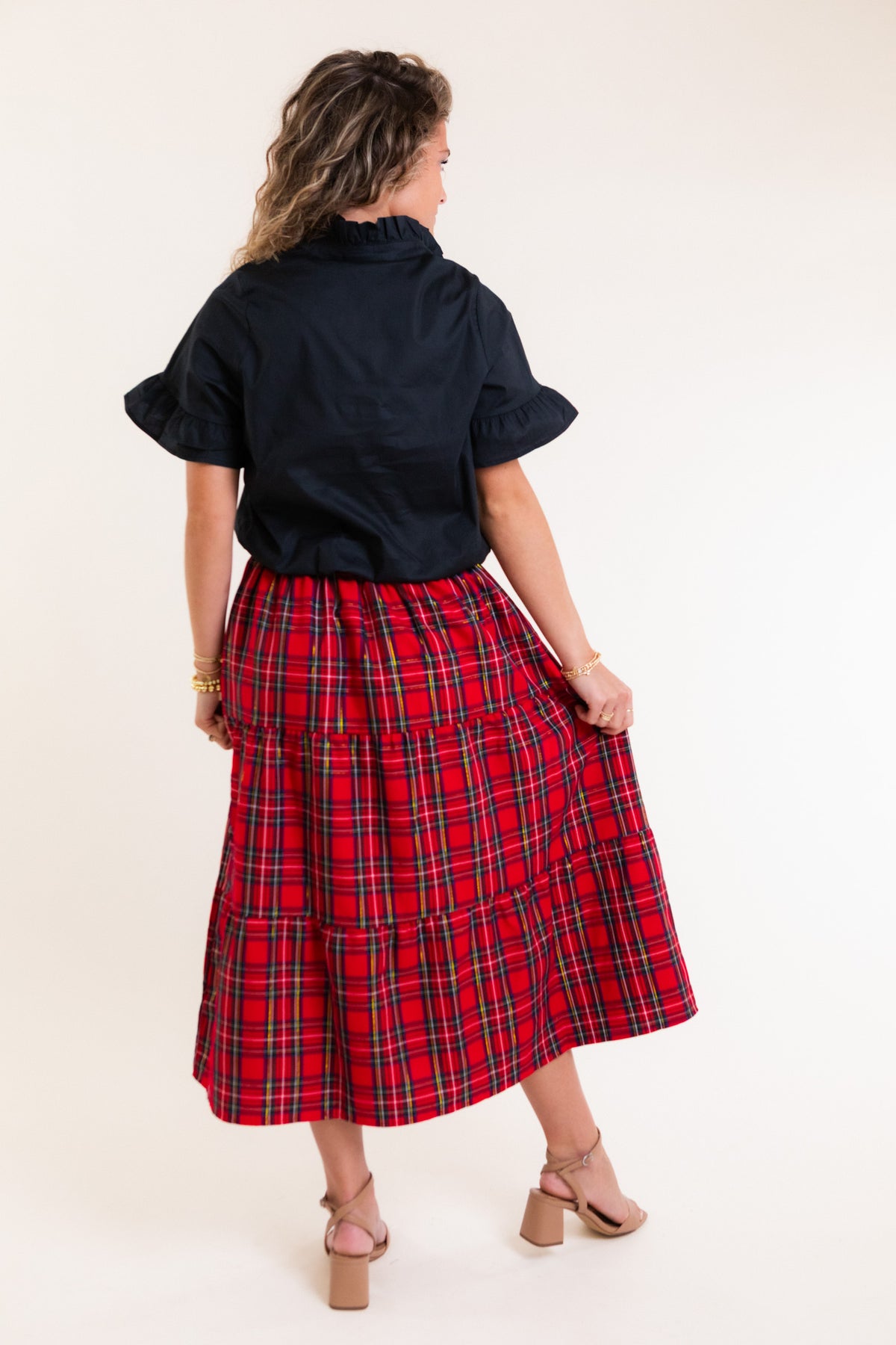 Mary Square | Eloise Plaid Tiered Skirt in Red Plaid