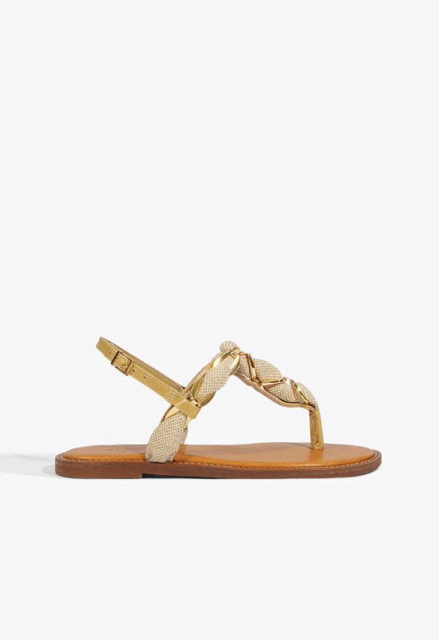 Schutz | Camellia Linen Thong Flat Sandal - Light Wood