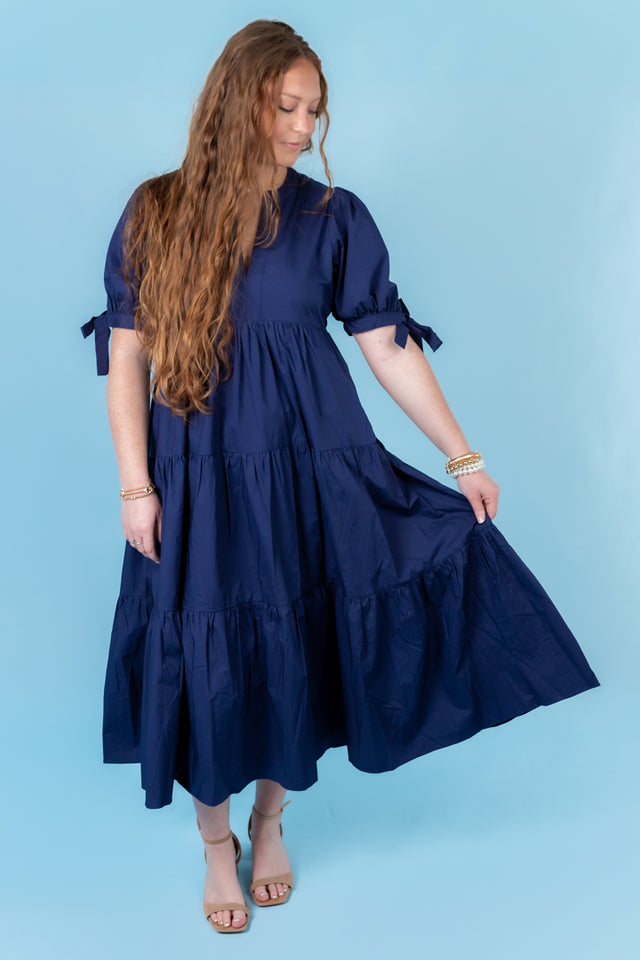 English Factory | Tiered Midi Dress with Bow-Tie Sleeves