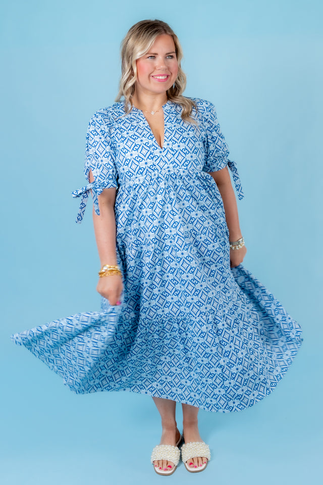 English Factory | Print Bow Tie Sleeve Tiered Midi Dress
