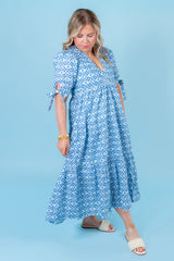 English Factory | Print Bow Tie Sleeve Tiered Midi Dress